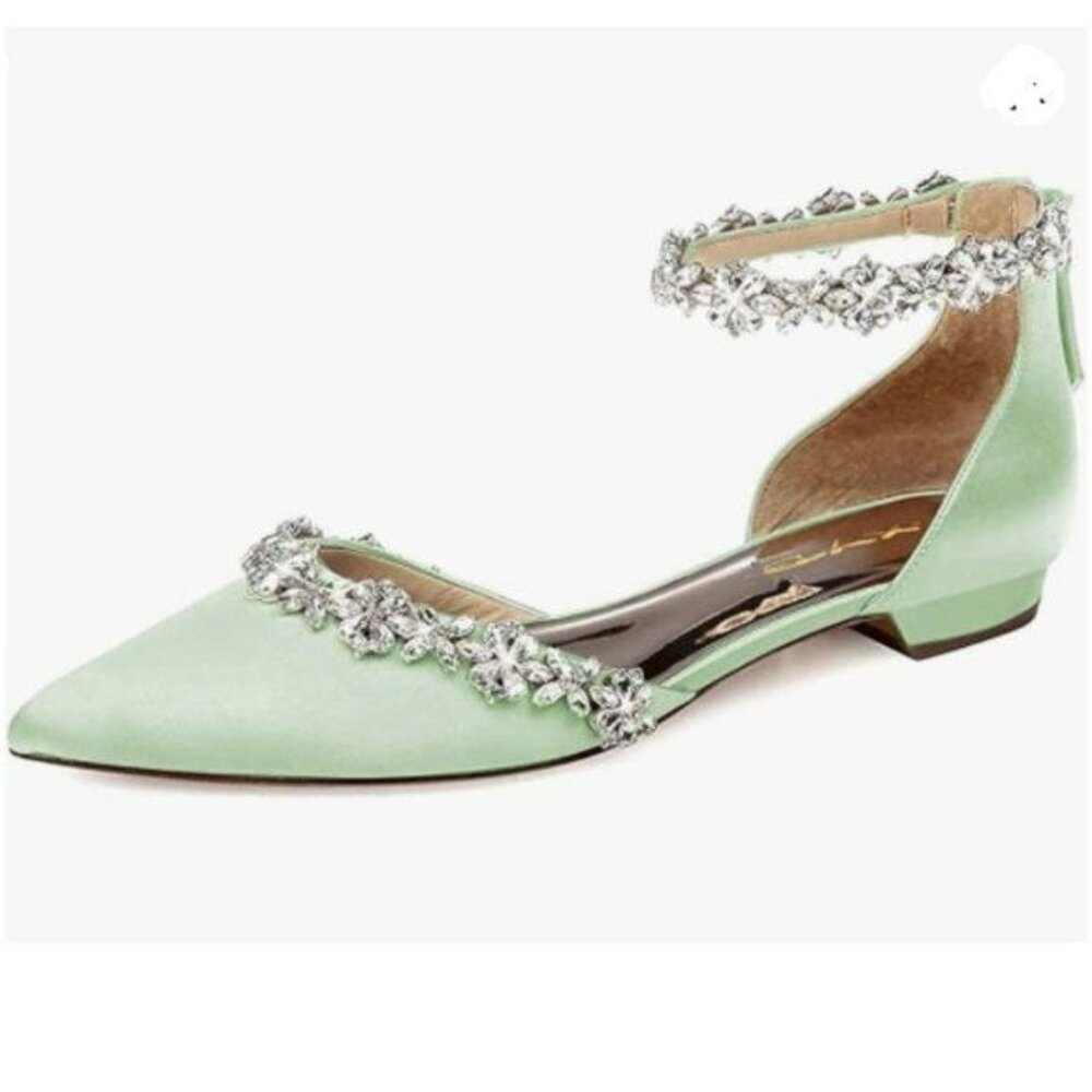XYD Women Classic Pointed Toe Wedding Flat Sandals Sparkly Rhinestones Green